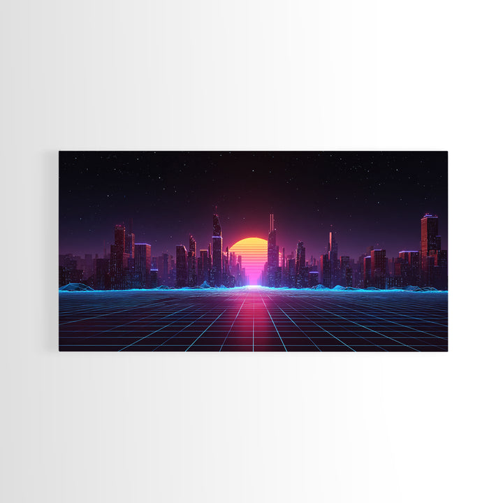Futuristic Cyberpunk Neon City Digital Artwork With Vibrant Sunset And Grid-Like Road Abstract Sci-Fi Framed Canvas Print For Modern Wall Decor
