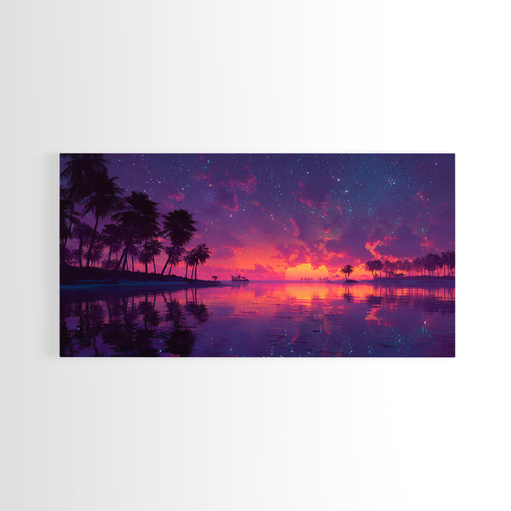 Tropical Sunset Beach With Palm Trees Landscape Painting Canvas Print For Coastal Wall Art
