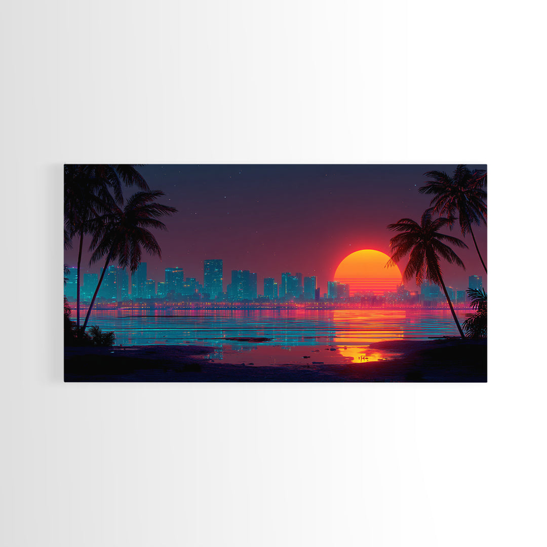 Futuristic Neon Cityscape With Illuminated Pyramid And Mountain Backdrop Modern Wall Art Framed Canvas Print
