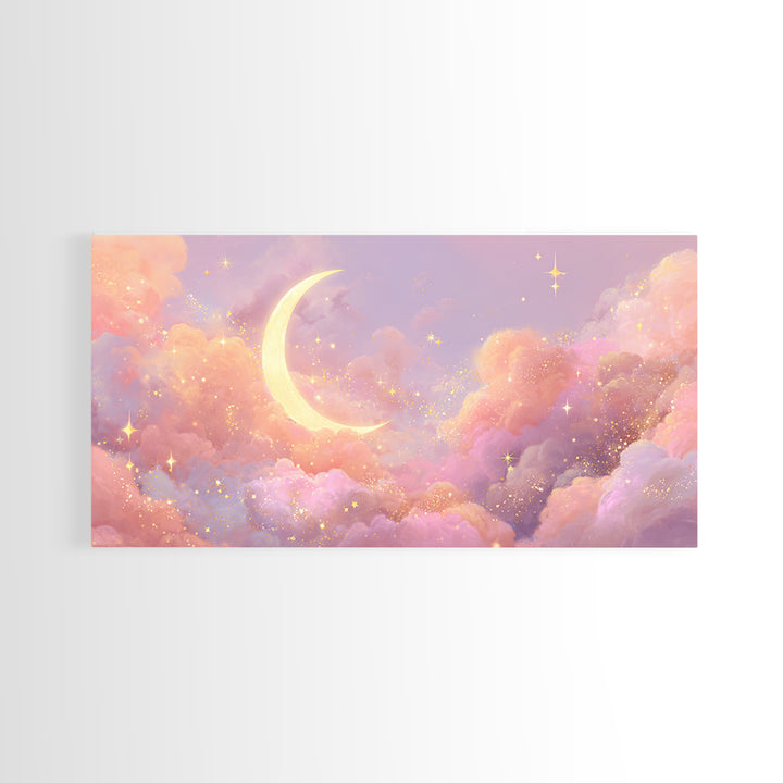 Golden Crescent Moon Clouds Wall Art, Pastel Celestial Decor, Pink Wall Art, Dreamy Nursery Art, Whimsical Decor, Canvas Print