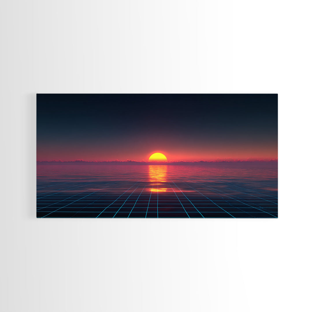 Retro Futuristic Sunset Over Ocean With Neon Grid Horizon Wall Art Modern Digital Canvas Print For Home