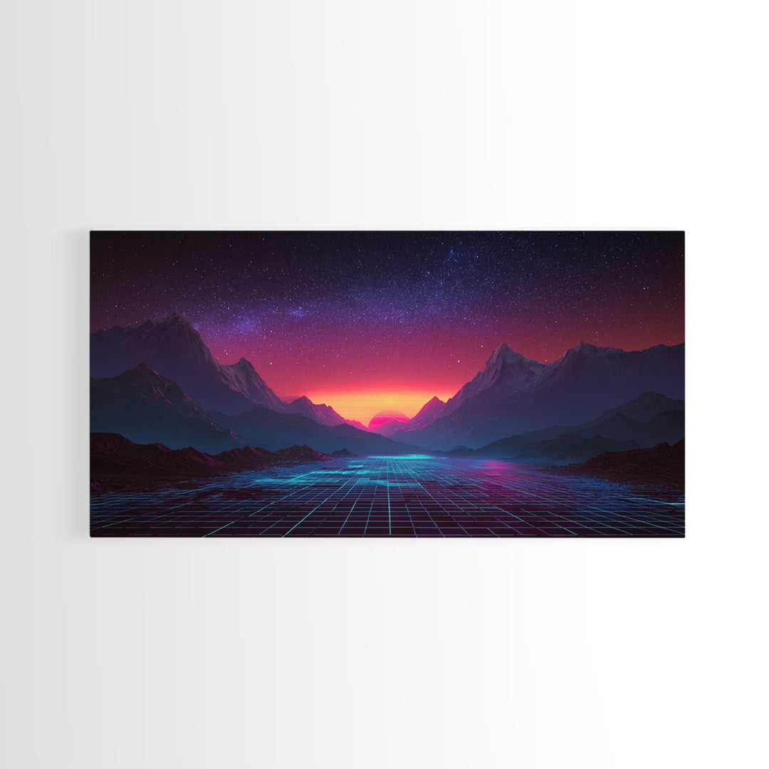 Futuristic Cyberpunk Landscape With Neon Mountains And Grid Canvas Print Modern Wall Art Home Decor Abstract Wall Decor