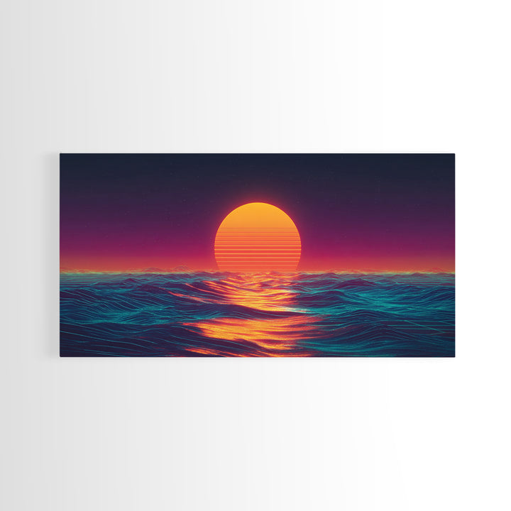Retro Futuristic Neon Sunset Over Ocean Vibrant Wave Wall Art Canvas Print For Modern Living Room Decor