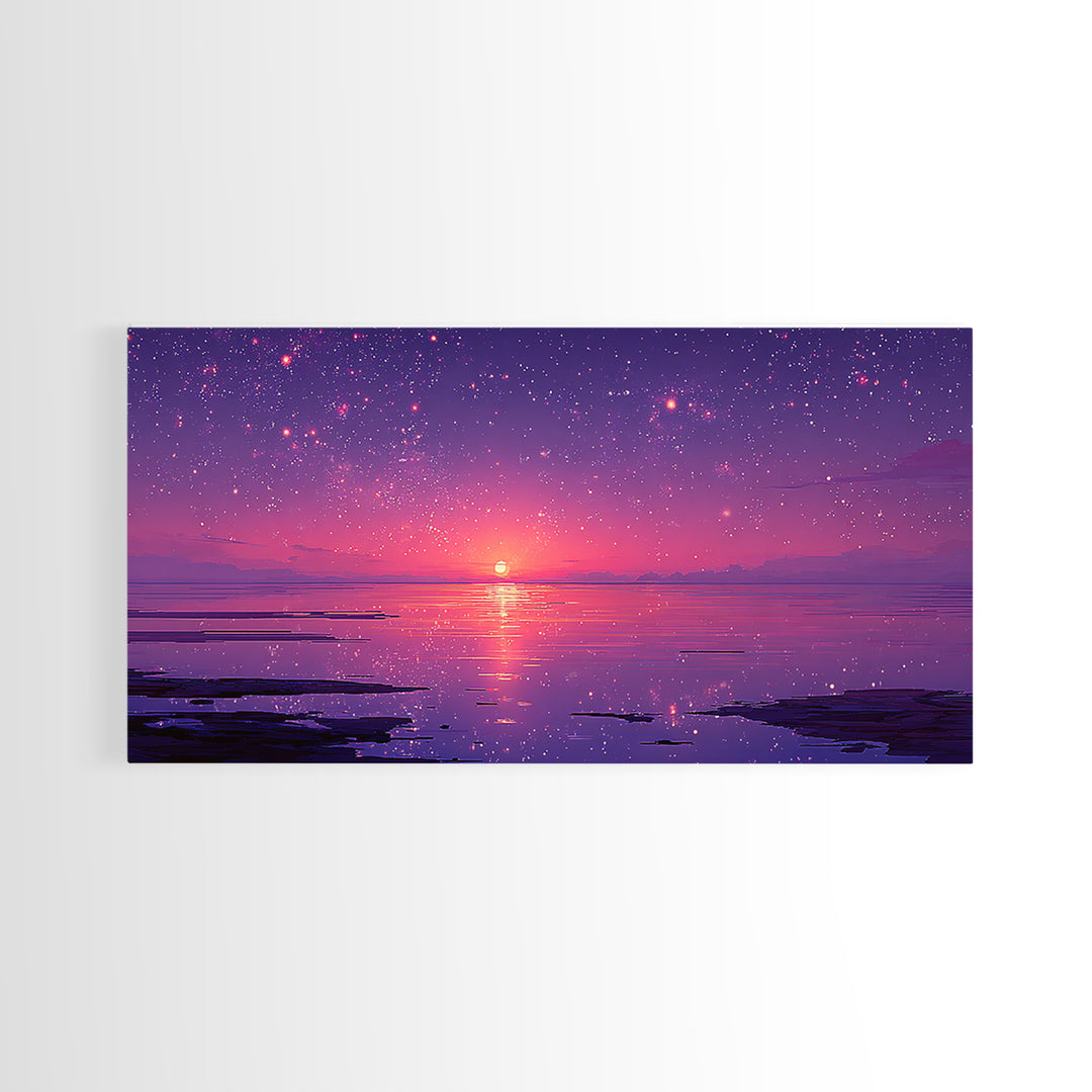Starry Purple Night Sunset Over Calm Lake Landscape Wall Art Framed Canvas Print With Dreamy Celestial Sky And Tranquil Water Reflections