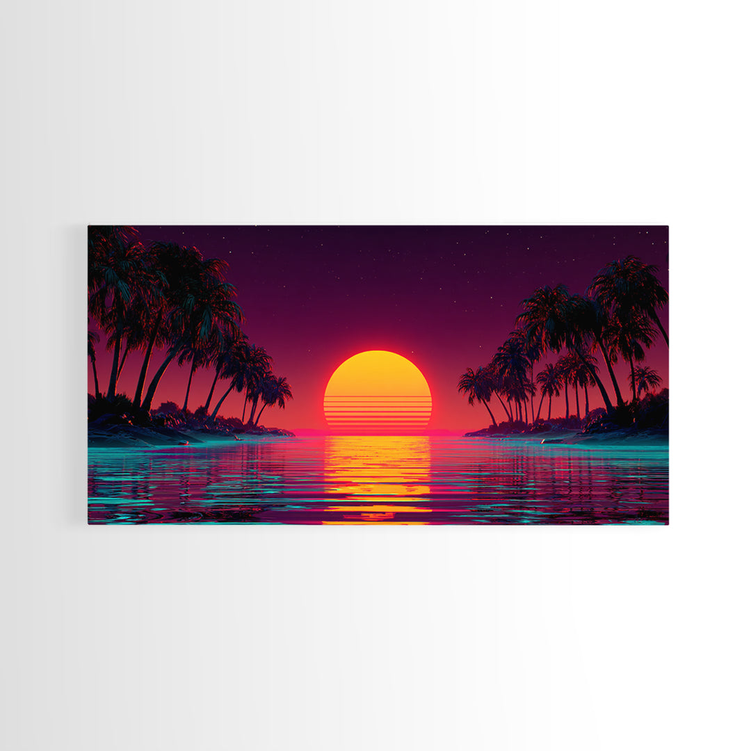 Vibrant Sunset Over Tropical Beach With Palm Trees Canvas Print Colorful Wall Art Modern Coastal Decor