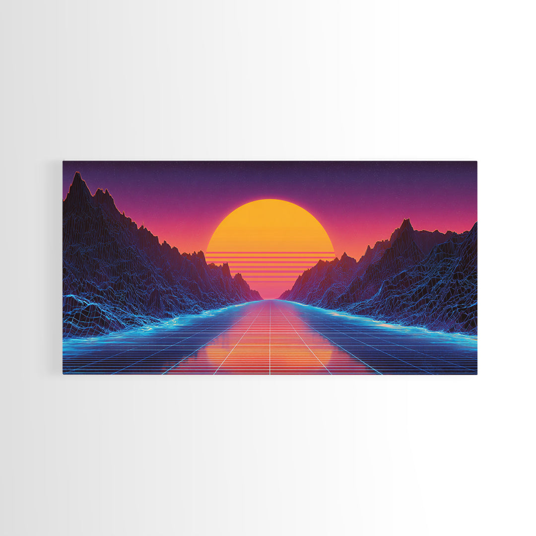 Retro Futuristic Neon Sunset Landscape With Grid Road Abstract Digital Canvas Print Modern Wall Art For Bedroom And Office Decor