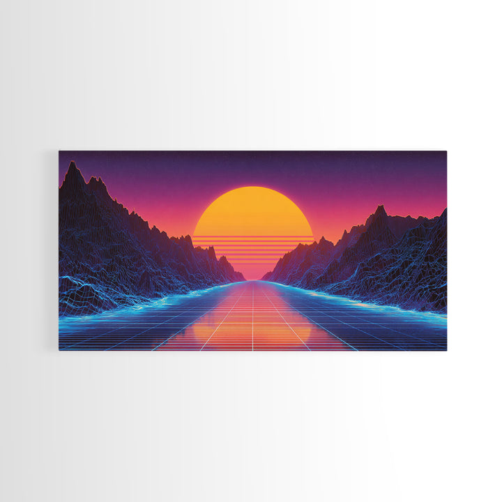 Retro Futuristic Neon Sunset Landscape With Grid Road Abstract Digital Canvas Print Modern Wall Art For Bedroom And Office Decor