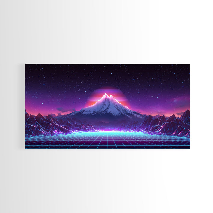 Retro Futuristic Digital Landscape Of Neon Grid And Majestic Mountain Scene Wall Art Modern Canvas Print For Unique Decor
