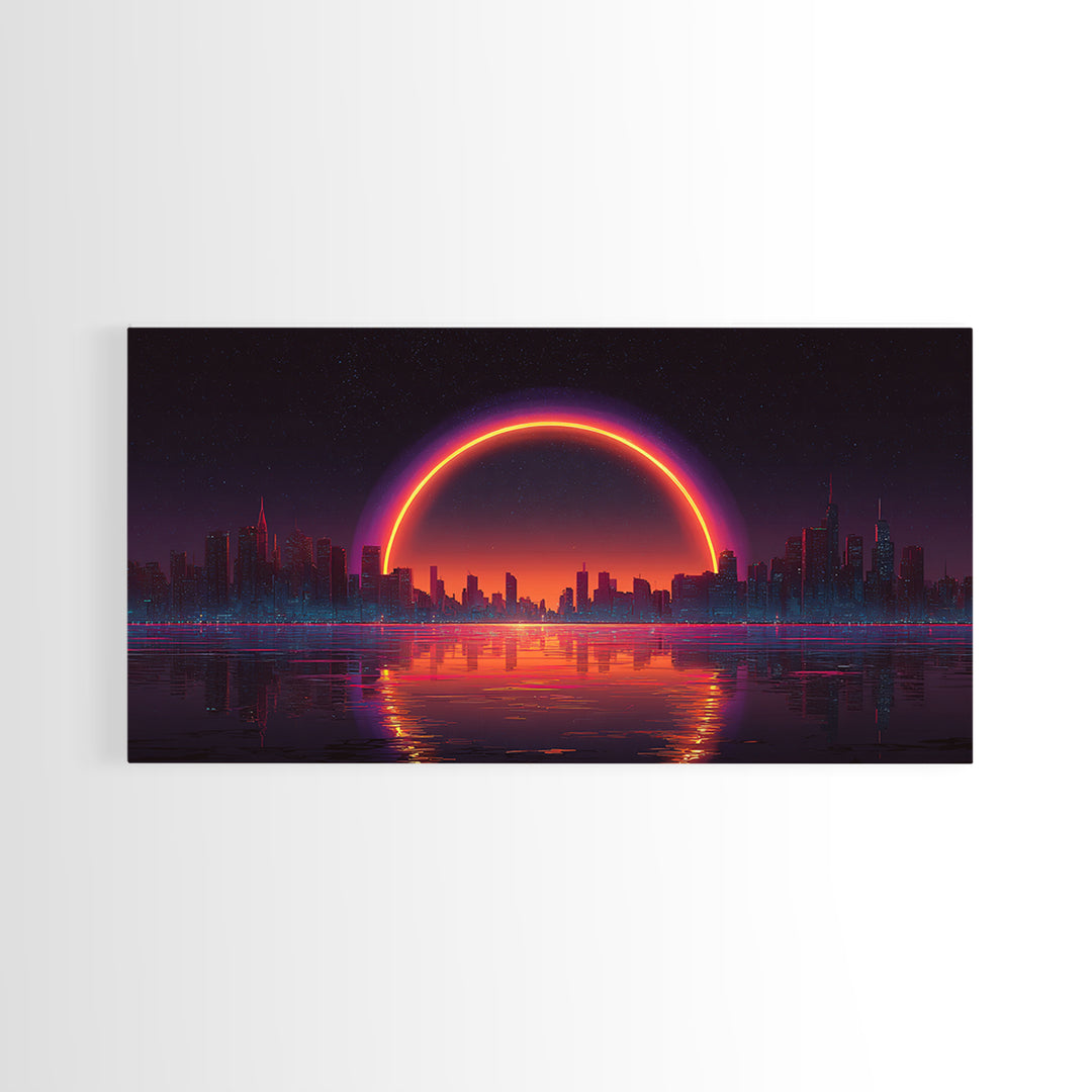 Vibrant Futuristic Cyberpunk Cityscape With Neon Sunset Reflection Wall Art Canvas Print Bright Modern Home Office Decor
