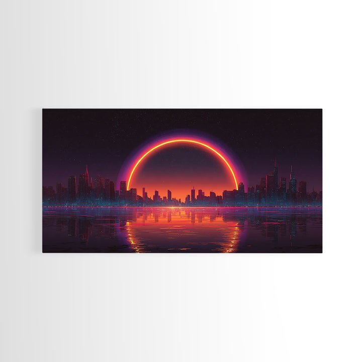 Vibrant Futuristic Cyberpunk Cityscape With Neon Sunset Reflection Wall Art Canvas Print Bright Modern Home Office Decor