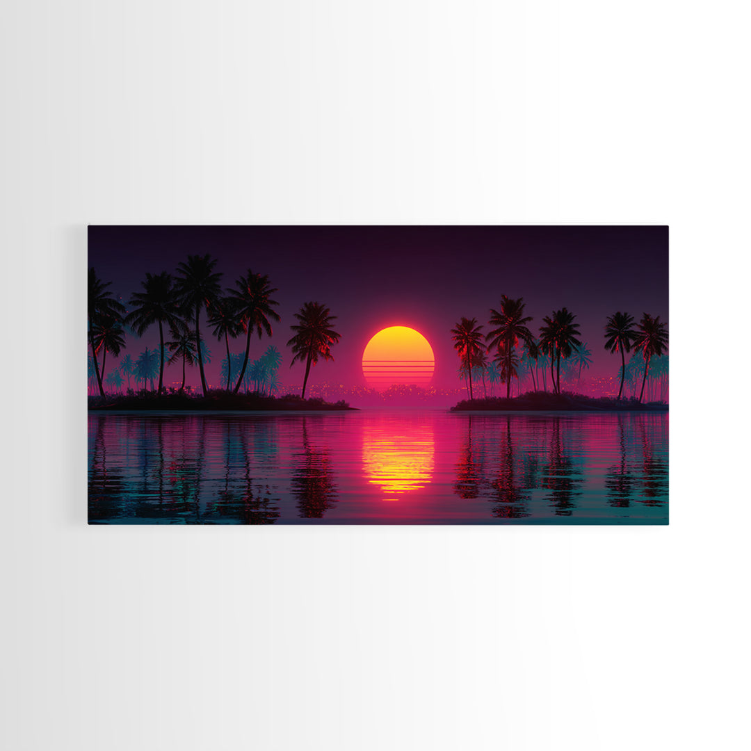 Vibrant Retro Sunset With Palm Trees Coastal Wall Art Framed Canvas Print For Tropical Home Decor