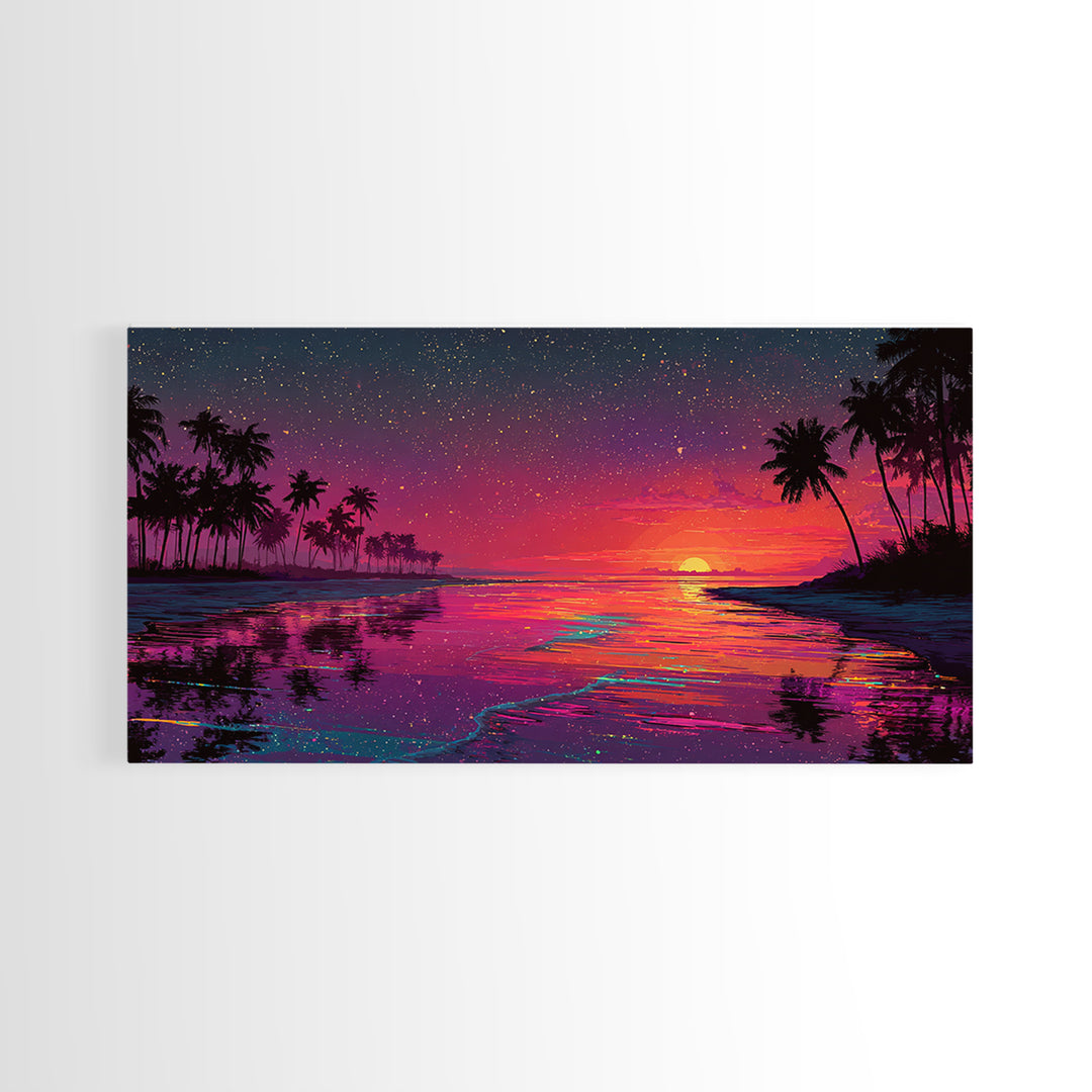 Vibrant Sunset Over Tropical Beach With Palm Trees And Colorful Reflection Canvas Print Modern Wall Art