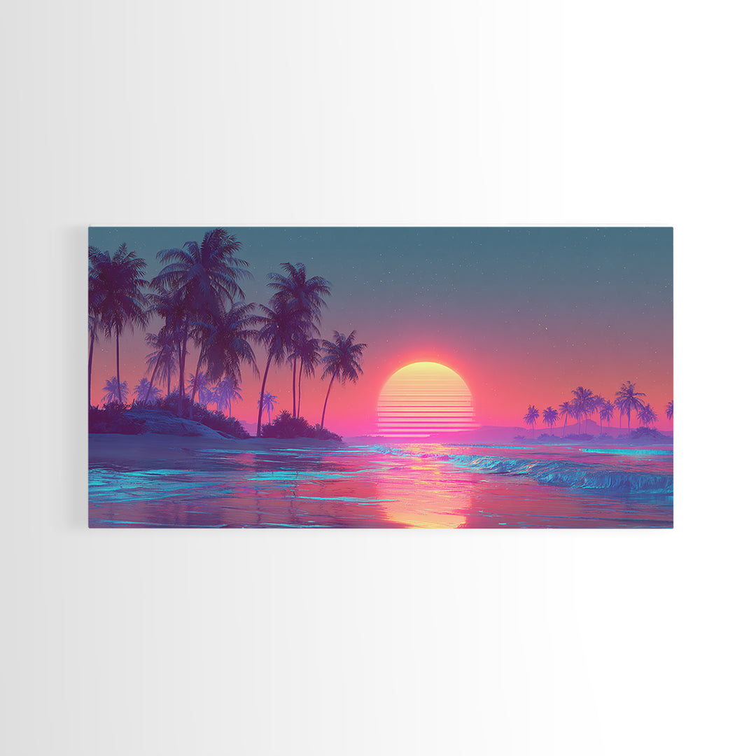 Pink And Blue Vibrant Tropical Beach Sunset With Palm Trees Coastal Wall Art Canvas Print Modern Boho Home Decor For Living Room Or Bedroom