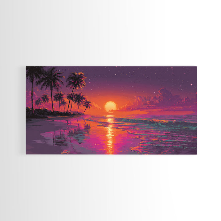 Vibrant Abstract Landscape With Neon Sunset And Mountains Canvas Print Modern Wall Art Contemporary Decor Living Room Art