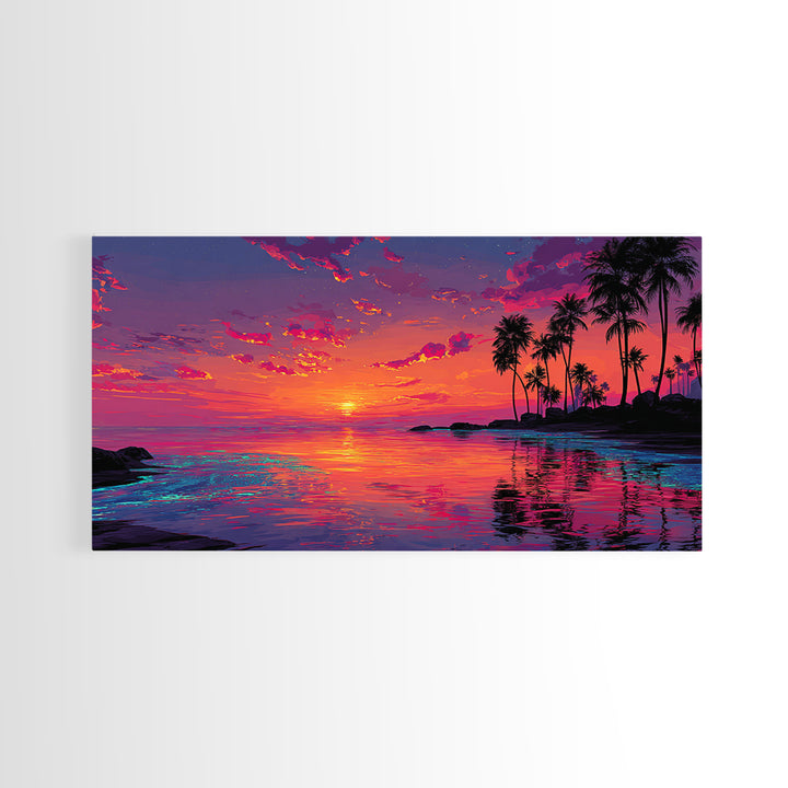 Beautiful Tropical Sunset Over Calm Ocean With Palm Trees Coastal Wall Art Framed Canvas Print For Bedroom Or Vacation Home Decor