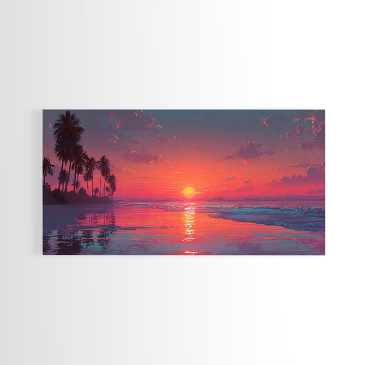 Tropical Sunset Over Calm Ocean With Palm Trees Beautiful Nature Scene Wall Art Framed Canvas Print For Home Decor