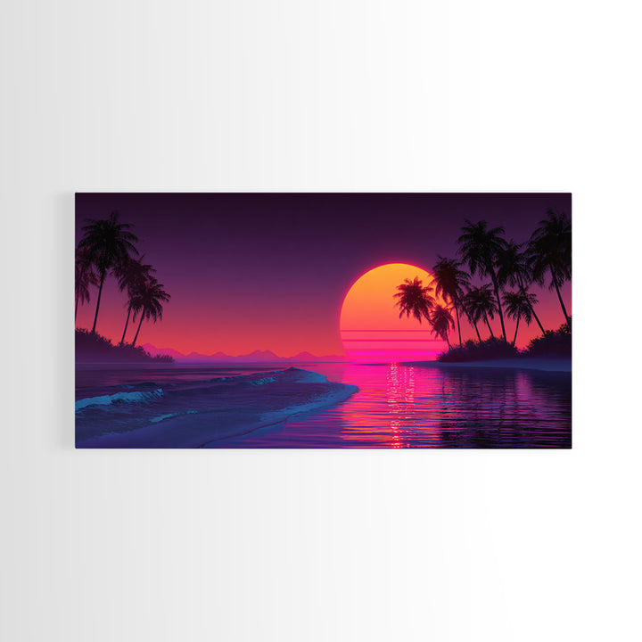 Retro Neon Sunset Over Ocean With Palm Trees And Vibrant Pink Horizon Tropical Wall Art Framed Canvas Print For Coastal Decor