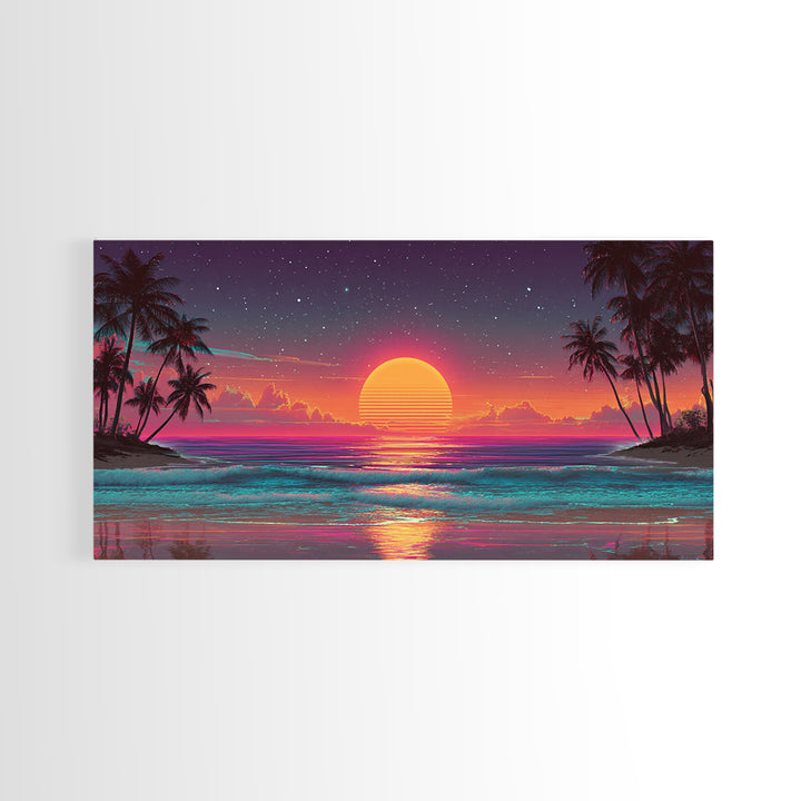 80s Style Digital Sunset Beach Scene With Palm Trees Retro Aesthetic Coastal Wall Art