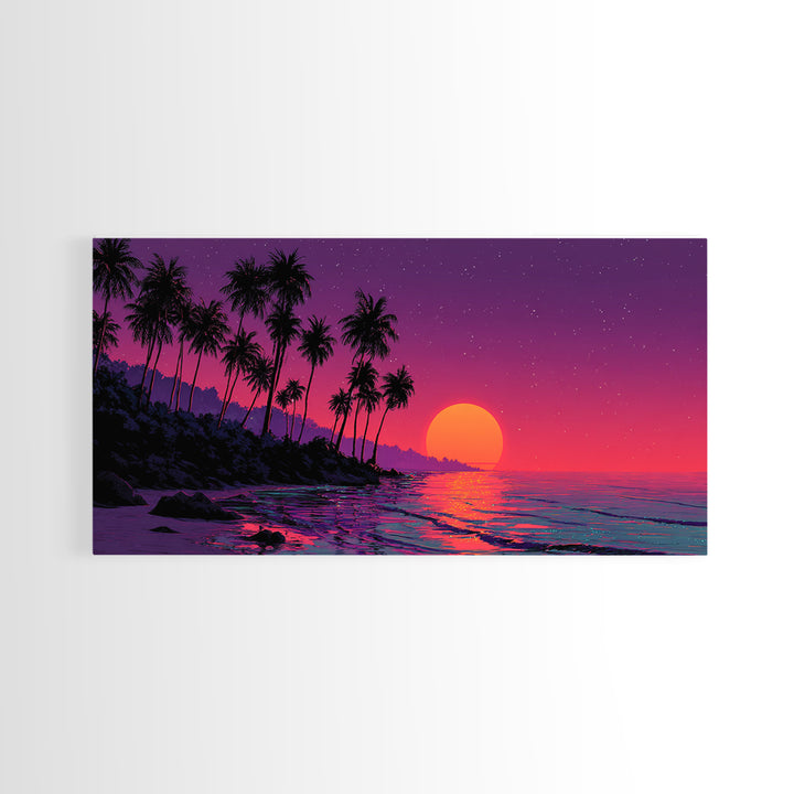 Vivid Tropical Sunset Over Ocean With Palm Trees Silhouette Canvas Print Large Wall Art For Living Room Decor And Coastal Home