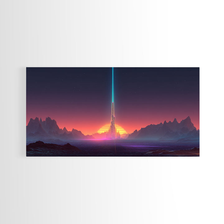 Digital Art Cityscape With Tower And Neon Beam At Sunset Colorful Futuristic Wall Art Framed Canvas Print