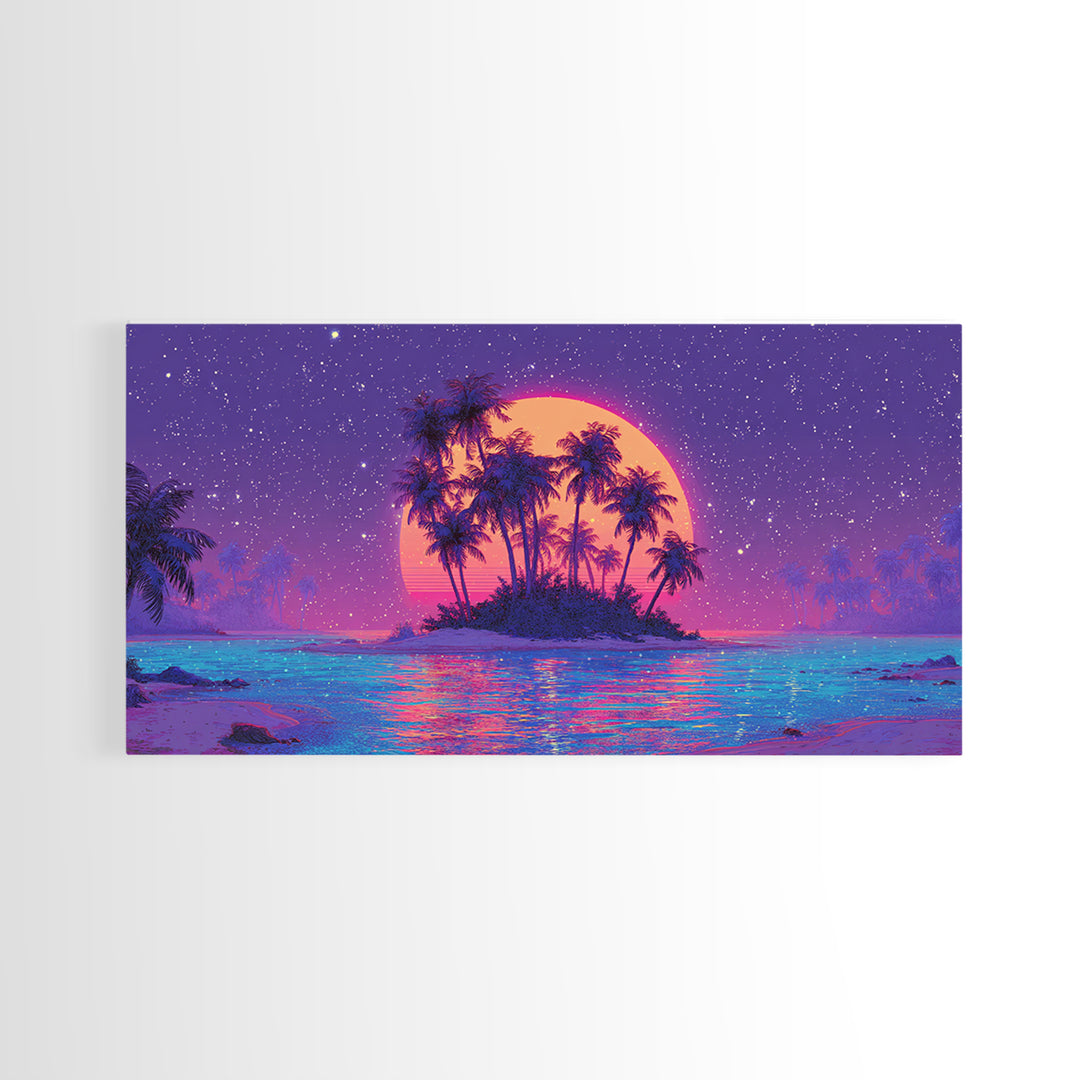 Vibrant Neon Sunset Over Tropical Island With Palm Trees Canvas Print For Modern Wall Art Home Decor