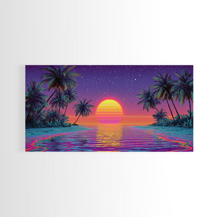 Vibrant Neon Tropical Sunset With Palm Trees And Starry Sky Beach Wall Art Modern Wall Decor Canvas Print