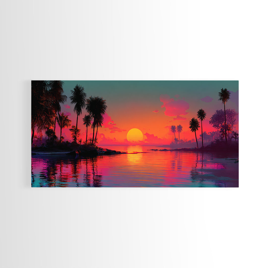 Vivid Pink Orange Tropical Sunset Over Calm Ocean With Palm Trees Coastal Wall Art Framed Canvas Print Bohemian Beach Home Decor Wall Decor