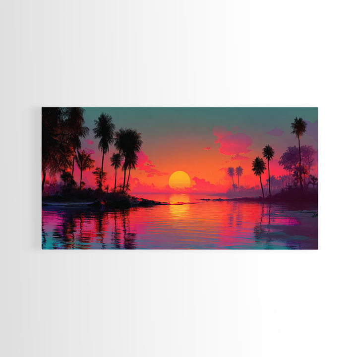 Vivid Pink Orange Tropical Sunset Over Calm Ocean With Palm Trees Coastal Wall Art Framed Canvas Print Bohemian Beach Home Decor Wall Decor