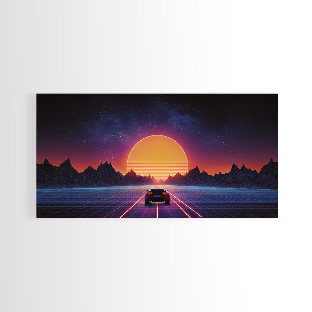 Retro Futuristic 80s Style Neon Sunset With Grid Road And Mountains Vibrant Digital Artwork Ideal For Gaming Room Wall Art And Modern Home Decor Canvas Print