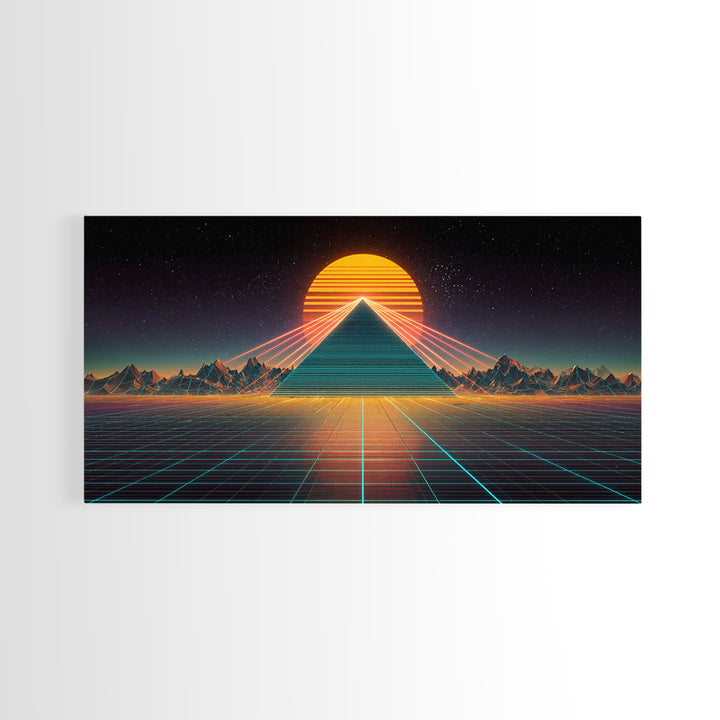 Futuristic Neon Pyramid With Laser Lights At Sunset Digital Artwork, Modern Wall Art Framed Canvas Print For Contemporary Home Decor
