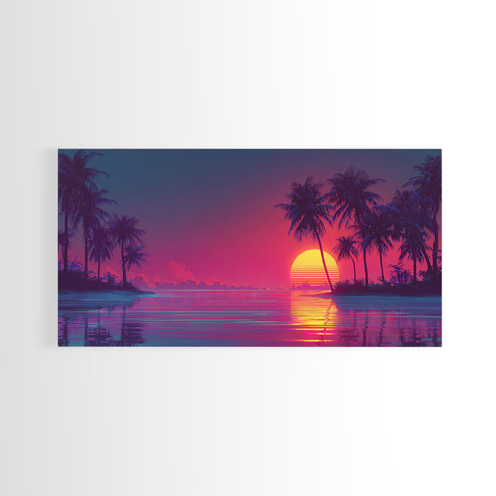 Vibrant Retro Sunset Beach Scene With Palm Trees And Ocean Reflection Wall Art