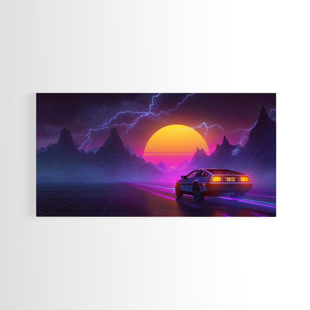 Retro Futuristic Neon Landscape With DeLorean Car Canvas Print Synthwave Wall Art Abstract Wall Decor Modern Home Decor