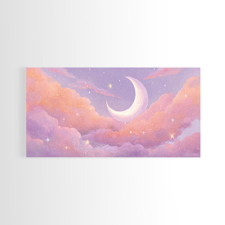 Pastel Crescent Moon In Pink Clouds Wall Art, Celestial Nursery Decor, Dreamy Bedroom Print, Whimsical Starry Sky, Aesthetic Room Decor