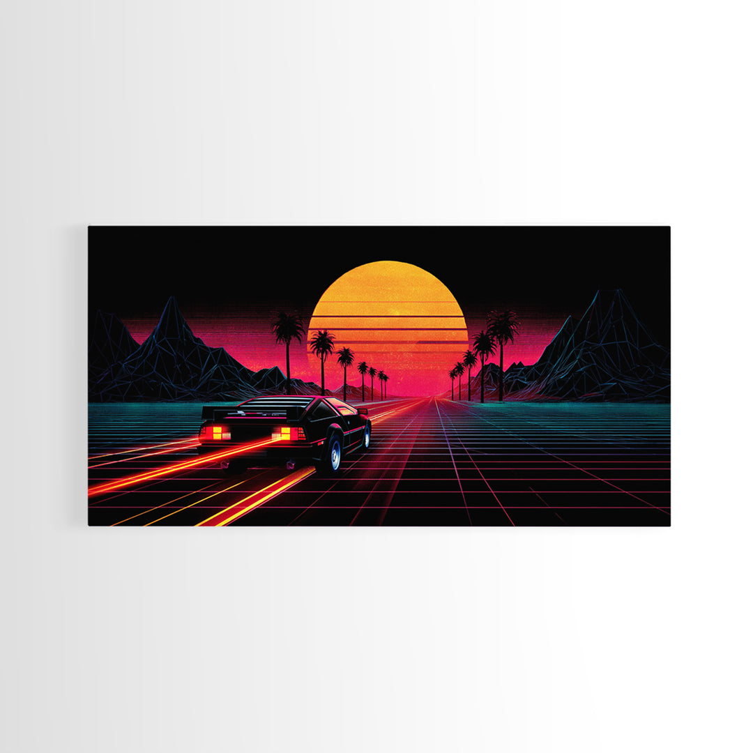 Retro Futuristic Sunset With Sportscar And Palm Trees Neon Vibes Canvas Print For Gaming Room Or Office Decor