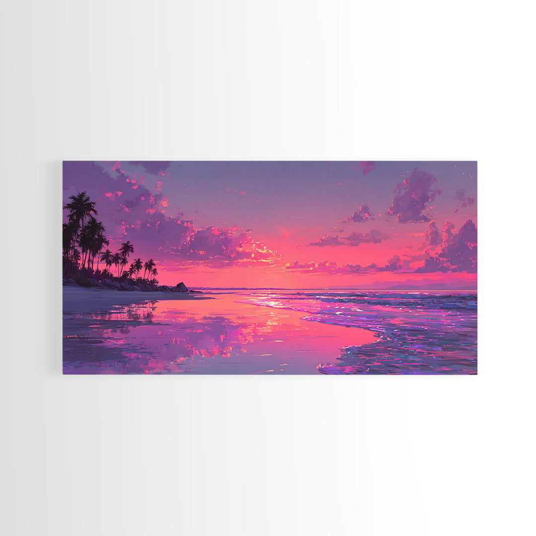Peaceful Pink Sunset At Tropical Beach Ocean Landscape Wall Art Framed Canvas Print Coastal Home Decor