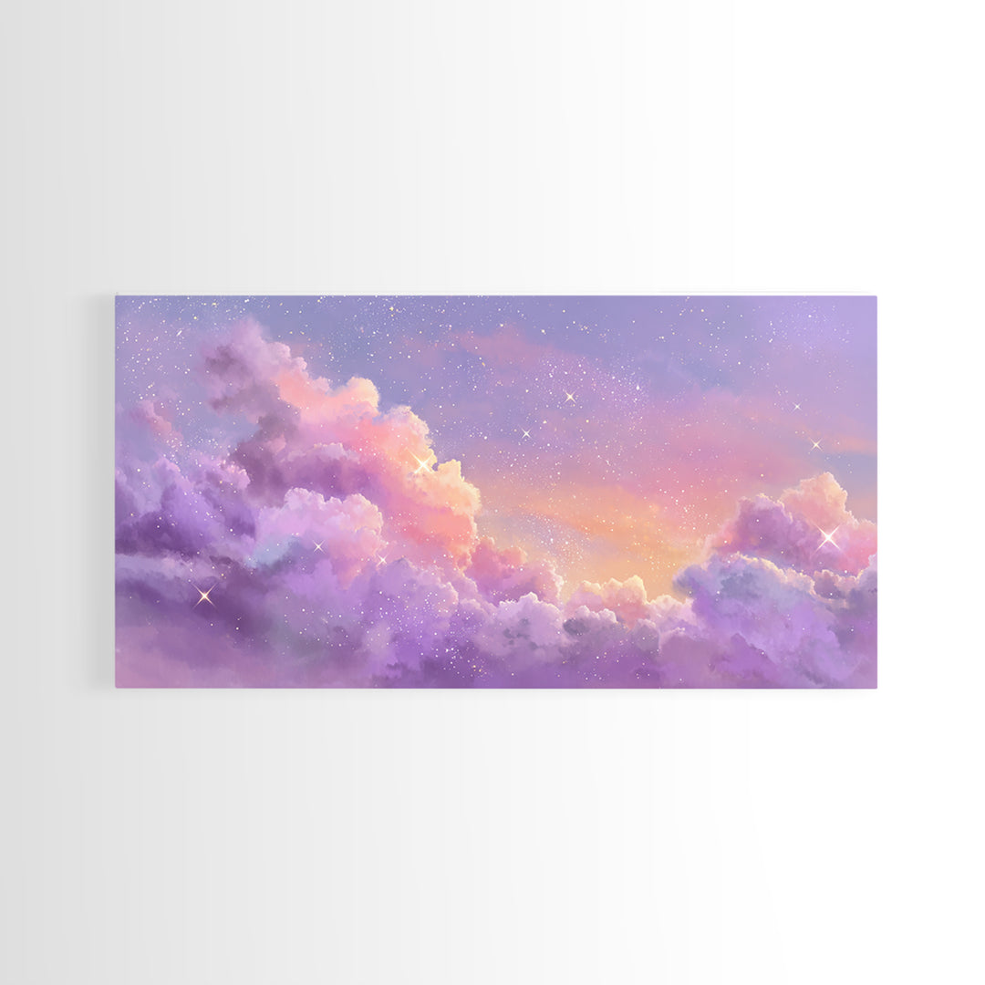 Purple Starry Clouds At Sunset Canvas Print, Dreamy Celestial Wall Decor, Pastel Sky Bedroom Art, Whimsical Room Decor Gift