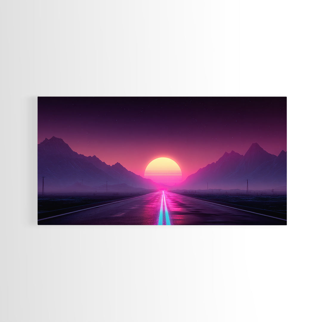 Surreal Sunset Road Landscape Featuring Mountains And Vibrant Sky Framed Canvas Print Modern Wall Art For Living Room