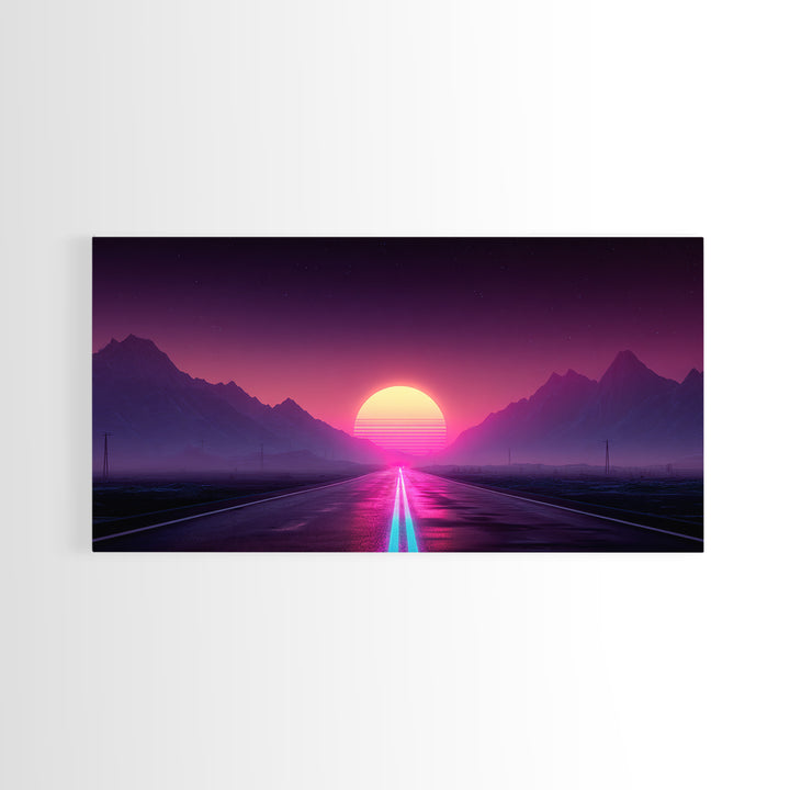 Surreal Sunset Road Landscape Featuring Mountains And Vibrant Sky Framed Canvas Print Modern Wall Art For Living Room