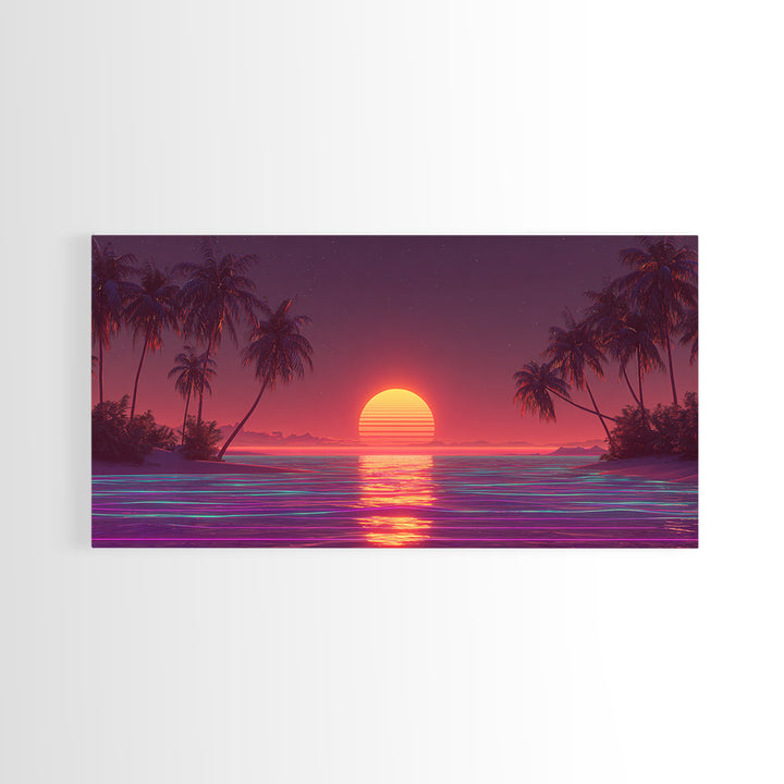 Vibrant Neon Red Sunset Over Ocean With Palm Trees Canvas Print Colorful Coastal Wall Art Tropical Beach Decor
