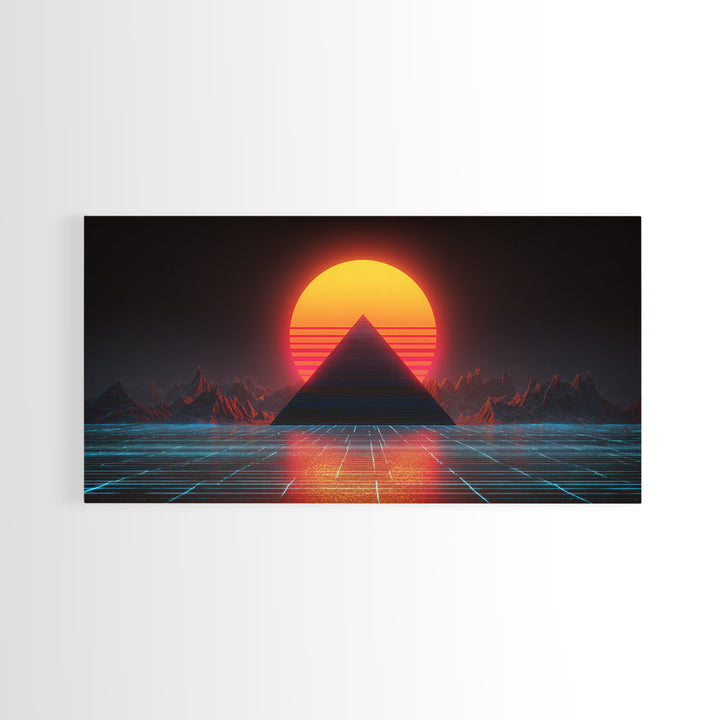 Retro Futuristic Neon Pyramid Sunset Sci Fi Digital Artwork Wall Art For Modern Home Office Decor Framed Canvas Print