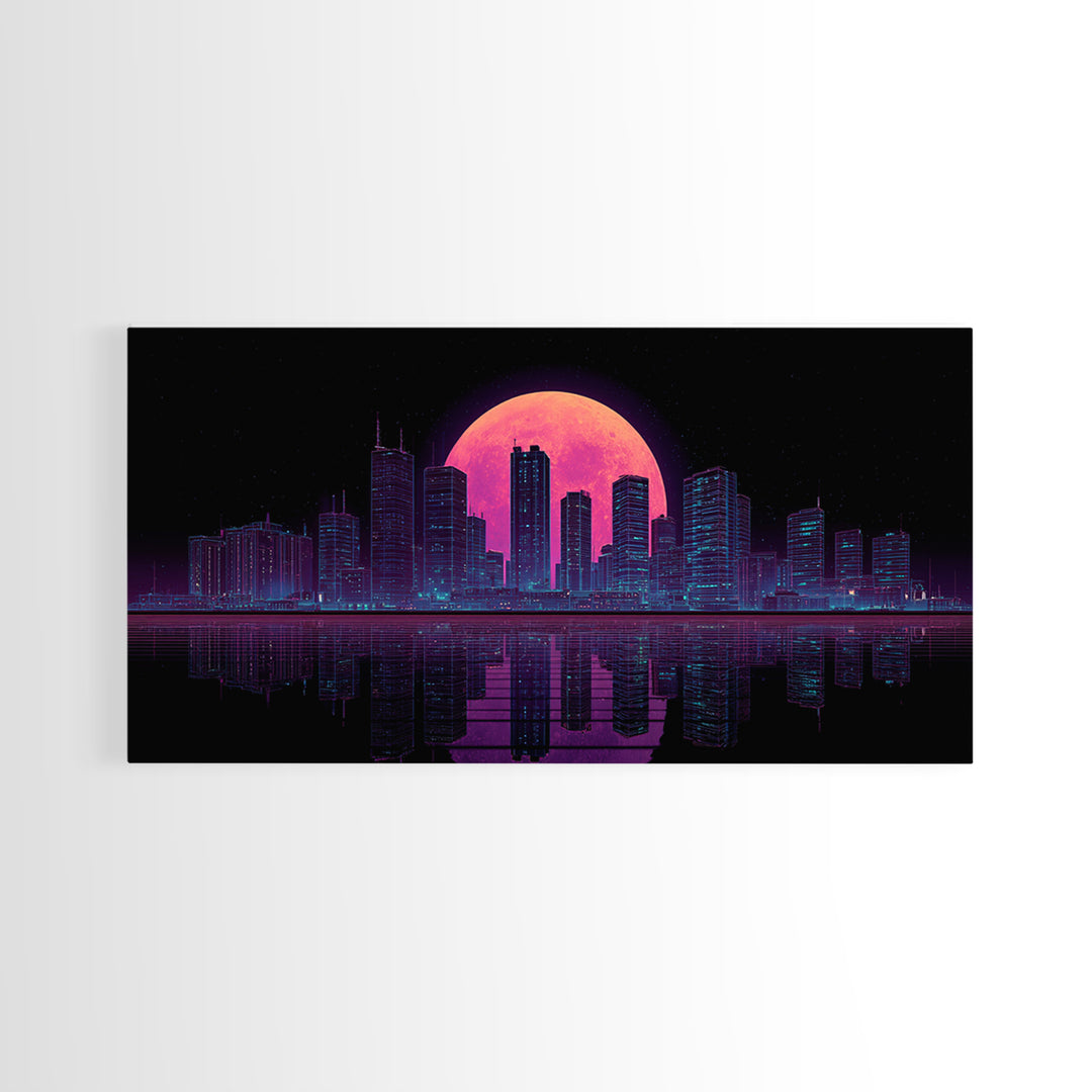 Futuristic Neon Cityscape Night Skyline With Pink Full Moon Canvas Print Urban Wall Art Print Decor