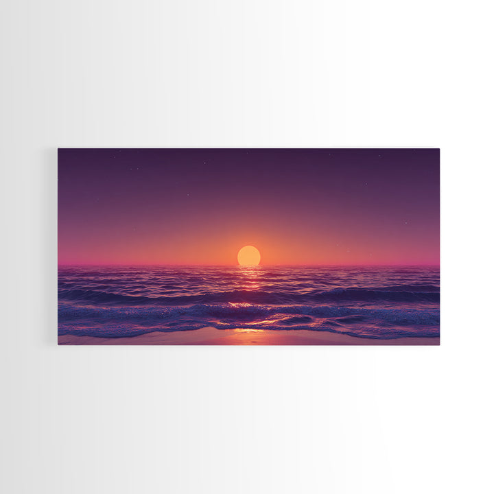 Vibrant Sunset Over Calm Ocean Waves With Pink And Purple Sky Beautiful Coastal Wall Art Framed Canvas Print For Bedroom Decor