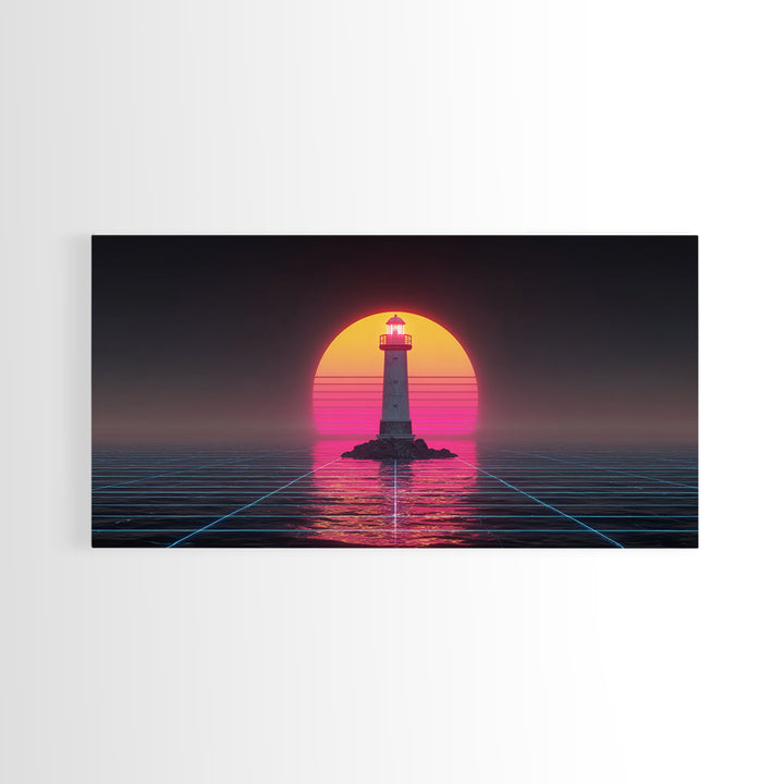 Retro Futuristic Neon Lighthouse Digital Painting Canvas Print Trendy Wall Art Modern Home Decor For Living Room And Office