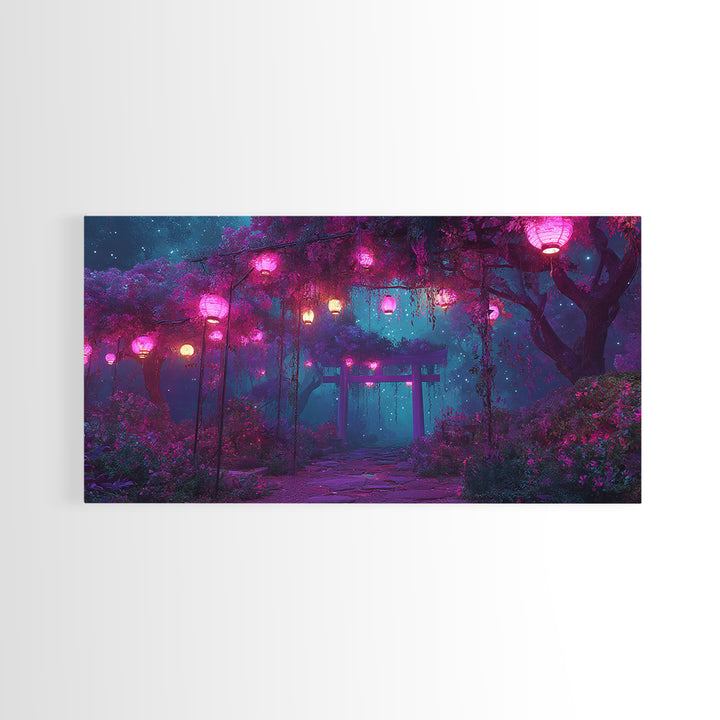 Tranquil Japanese Garden Pathway With Lanterns And Torii Gate At Night Atmospheric Wall Art Canvas Print