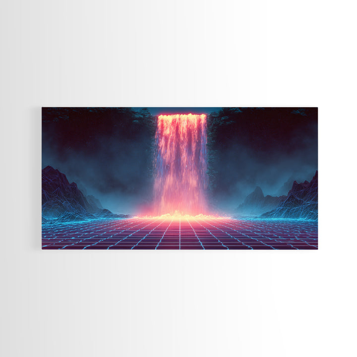 Glowing Neon Digital Waterfall With Futuristic Mountains Wall Art Framed Canvas Print Unique Modern Art Decor For Office Or Living Room