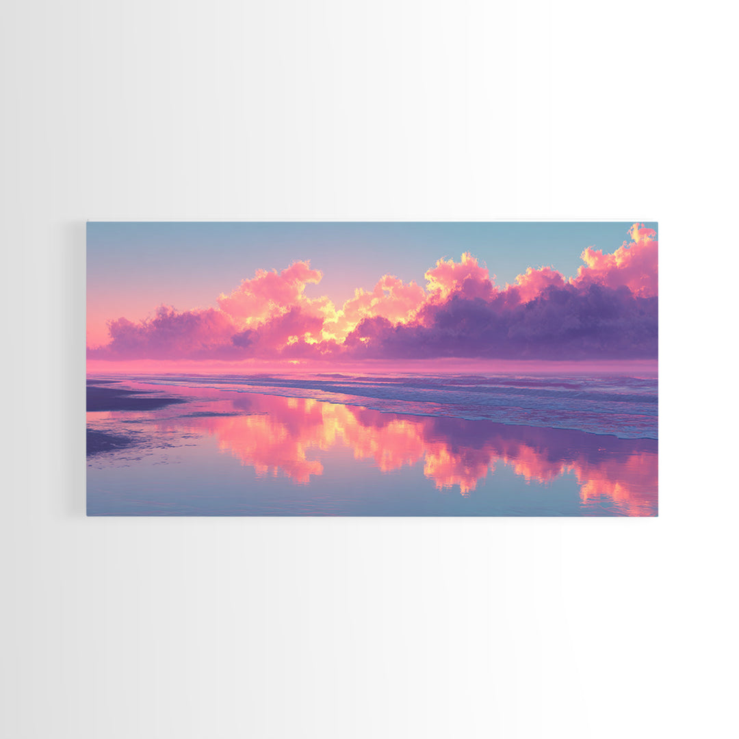 Surreal Pink Cloudy Beach Sunset Reflection Wall Art Framed Canvas Print For Living Room Home Decor Coastal Art