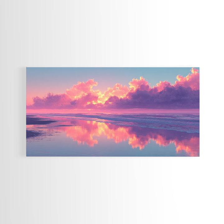Surreal Pink Cloudy Beach Sunset Reflection Wall Art Framed Canvas Print For Living Room Home Decor Coastal Art