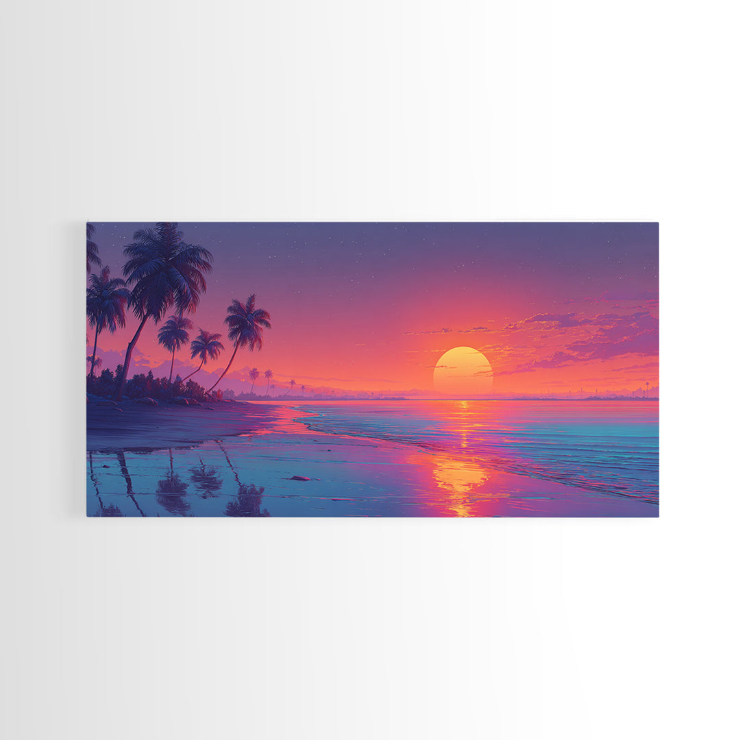 Serene Sunset Tropical Beach Landscape Digital Painting Large Wall Art For Living Room Framed Canvas