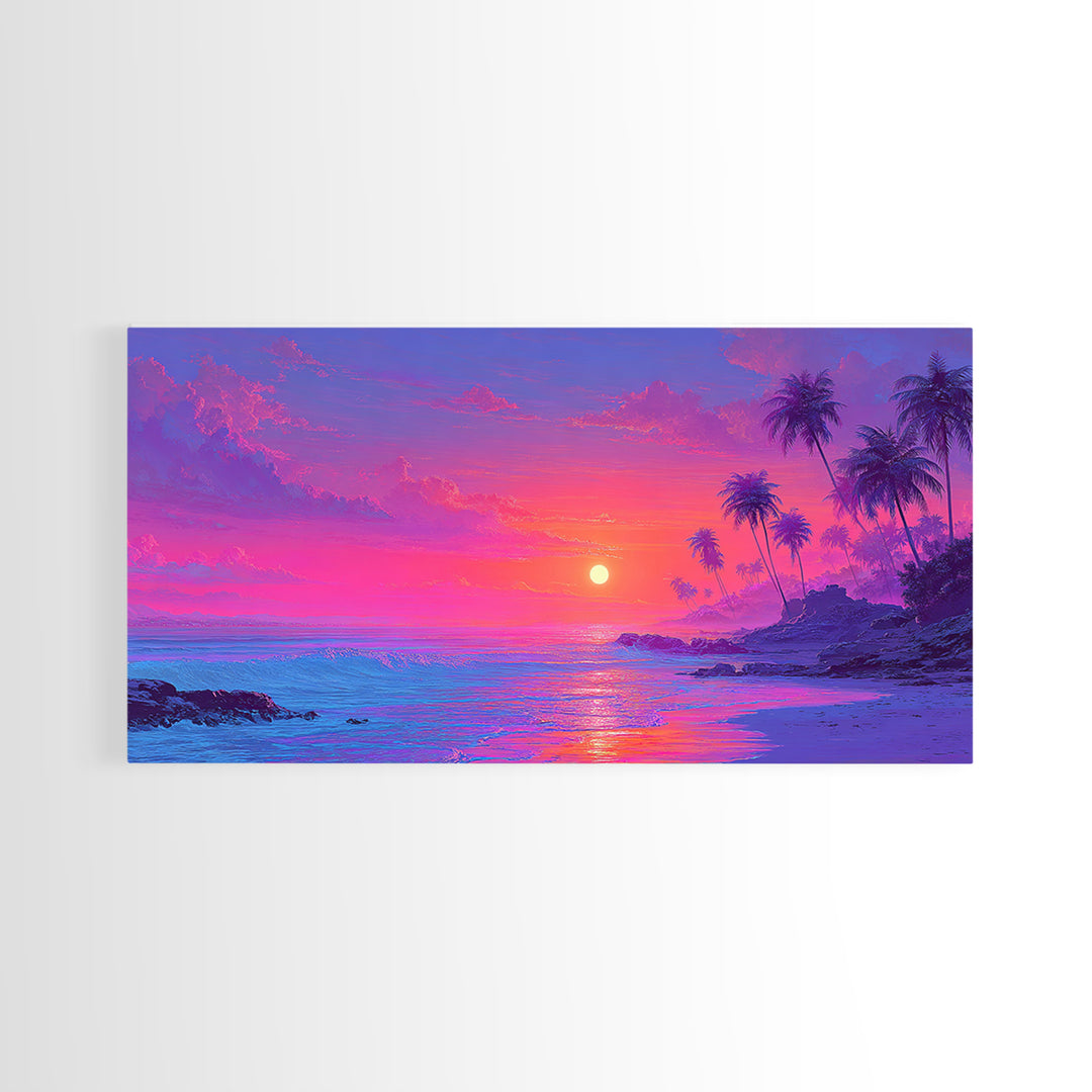 Tropical Sunset Beach With Palm Trees And Calm Ocean Waves Canvas Print Large Wall Art For Bedroom Coastal Home Decor Prints