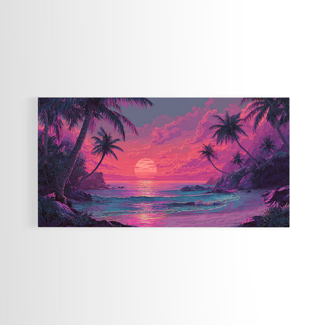 Tropical Pink Sunset Over Quiet Beach With Palm Trees Vibrant Coastal Wall Art Canvas Print For Modern Home Decor